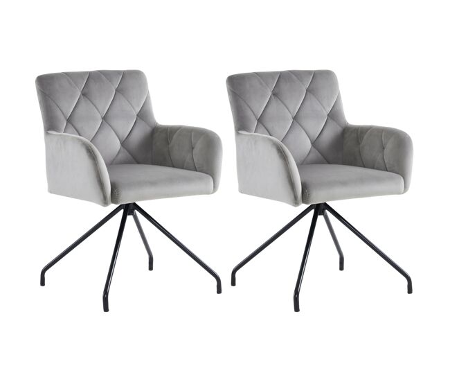 Juego de 2 sillas de comedor - silla de salón con patrón de rombos, 4 patas metálicas, respaldo lumbar, terciopelo - gris claro