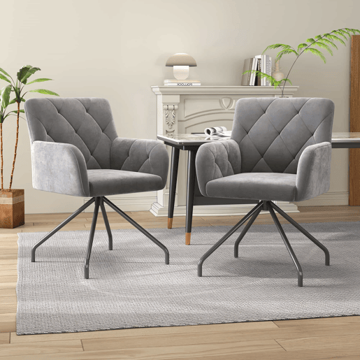 Conjunto de 2 cadeiras de sala de jantar - Cadeira de sala com padrão de losangos, 4 pernas metálicas, apoio lombar, veludo - Cinza claro