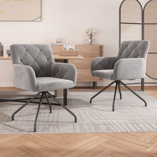 Conjunto de 2 cadeiras de sala de jantar - Cadeira de sala com padrão de losangos, 4 pernas metálicas, apoio lombar, veludo - Cinza claro