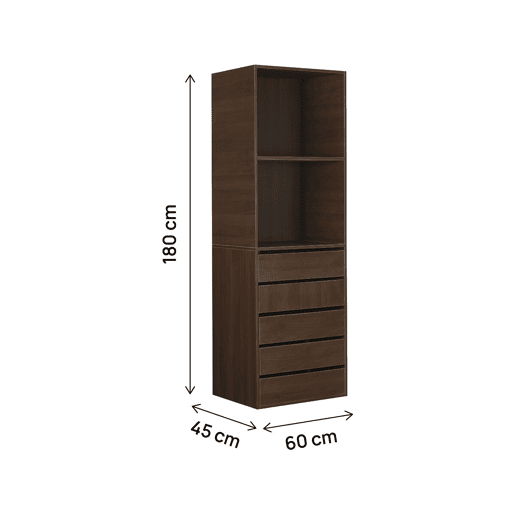 Armário Opéra com 5 gavetas e 2 prateleiras - 60 x 45 x 180 cm - Castanho