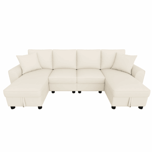 Sofá modular em U de 280 cm - Chenille, 2 lugares com 2 chaise longues, baú de arrumação e almofadas - Bege Sofá modular em U de 280 cm - Chenille, 2 lugares com 2 chaise longues, baú de arrumação e almofadas - Bege