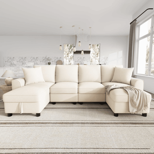 Sofá modular em U de 280 cm - Chenille, 2 lugares com 2 chaise longues, baú de arrumação e almofadas - Bege Sofá modular em U de 280 cm - Chenille, 2 lugares com 2 chaise longues, baú de arrumação e almofadas - Bege
