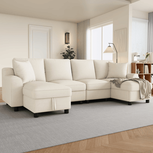 Sofá modular em U de 280 cm - Chenille, 2 lugares com 2 chaise longues, baú de arrumação e almofadas - Bege Sofá modular em U de 280 cm - Chenille, 2 lugares com 2 chaise longues, baú de arrumação e almofadas - Bege