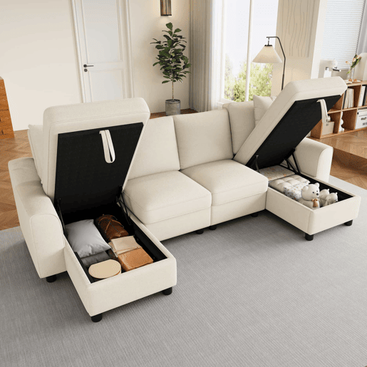 Sofá modular em U de 280 cm - Chenille, 2 lugares com 2 chaise longues, baú de arrumação e almofadas - Bege Sofá modular em U de 280 cm - Chenille, 2 lugares com 2 chaise longues, baú de arrumação e almofadas - Bege
