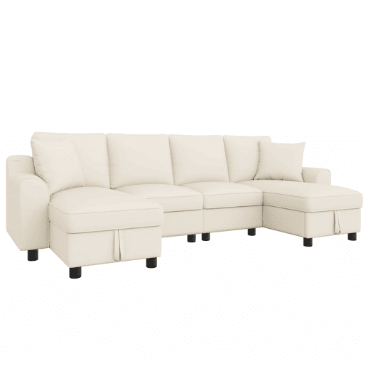Sofá modular em U de 280 cm - Chenille, 2 lugares com 2 chaise longues, baú de arrumação e almofadas - Bege Sofá modular em U de 280 cm - Chenille, 2 lugares com 2 chaise longues, baú de arrumação e almofadas - Bege