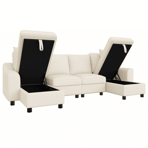 Sofá modular em U de 280 cm - Chenille, 2 lugares com 2 chaise longues, baú de arrumação e almofadas - Bege Sofá modular em U de 280 cm - Chenille, 2 lugares com 2 chaise longues, baú de arrumação e almofadas - Bege
