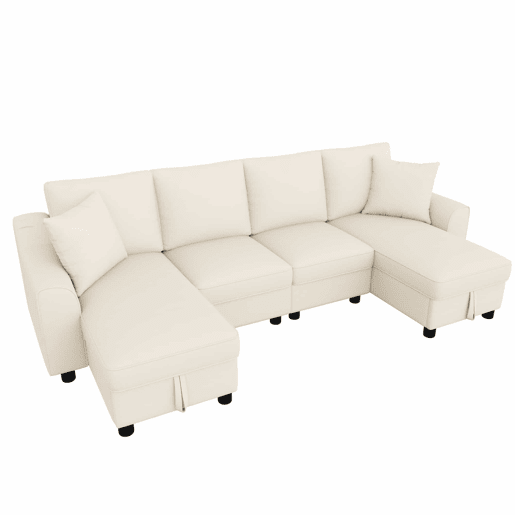Sofá modular em U de 280 cm - Chenille, 2 lugares com 2 chaise longues, baú de arrumação e almofadas - Bege Sofá modular em U de 280 cm - Chenille, 2 lugares com 2 chaise longues, baú de arrumação e almofadas - Bege