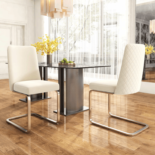 Cadeira de jantar Samt 2 unidades - Design Diamante, com pernas metálicas prateadas - Bege