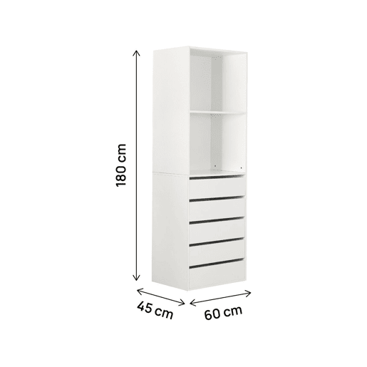 Roupeiro Opéra com 5 gavetas e 2 prateleiras - 60 x 45 x 180 cm - Branco