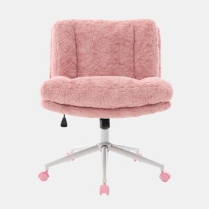 Cadeira de escritório de 67 cm - Assento largo em pele sintética tipo coelho, giratória e ajustável com base metálica - Rosa