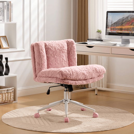 Cadeira de escritório de 67 cm - Assento largo em pele sintética tipo coelho, giratória e ajustável com base metálica - Rosa