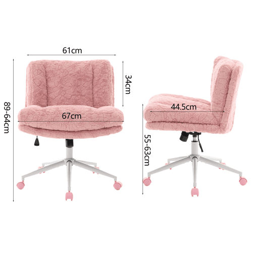 Cadeira de escritório de 67 cm - Assento largo em pele sintética tipo coelho, giratória e ajustável com base metálica - Rosa