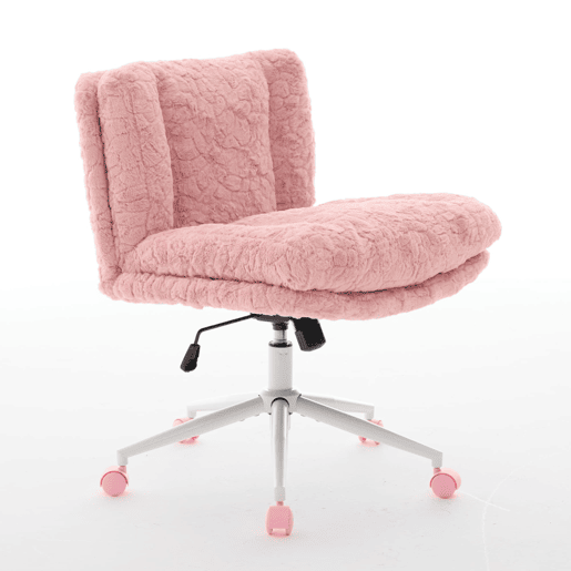 Cadeira de escritório de 67 cm - Assento largo em pele sintética tipo coelho, giratória e ajustável com base metálica - Rosa
