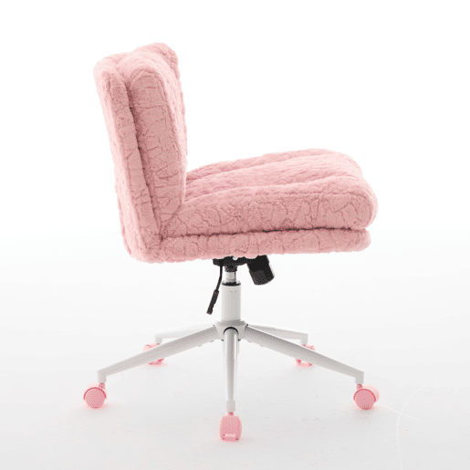Cadeira de escritório de 67 cm - Assento largo em pele sintética tipo coelho, giratória e ajustável com base metálica - Rosa