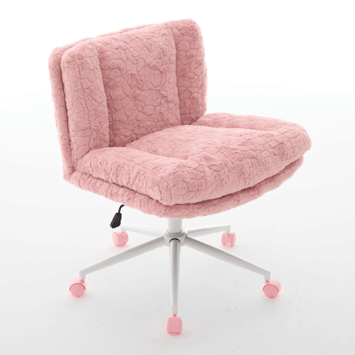 Cadeira de escritório de 67 cm - Assento largo em pele sintética tipo coelho, giratória e ajustável com base metálica - Rosa