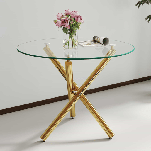 Mesa de jantar redonda 80x80x76 cm - vidro temperado e pés dourados, estilo moderno minimalista - dourada