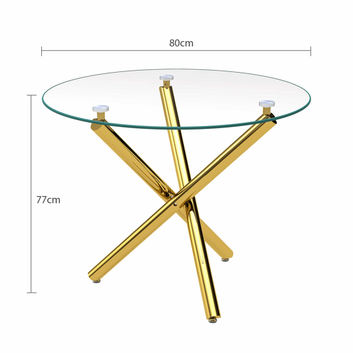 Mesa de jantar redonda 80x80x76 cm - vidro temperado e pés dourados, estilo moderno minimalista - dourada