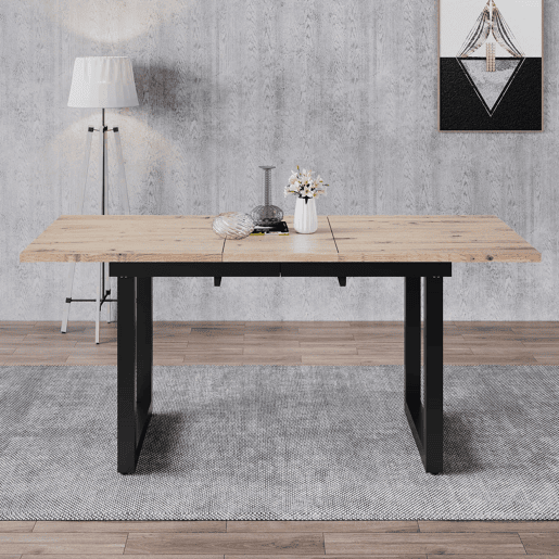 Mesa de jantar extensível 1401808075 - estilo industrial, retangular, mesa de café moderna, ferro, MDF, aparência carvalho + preto