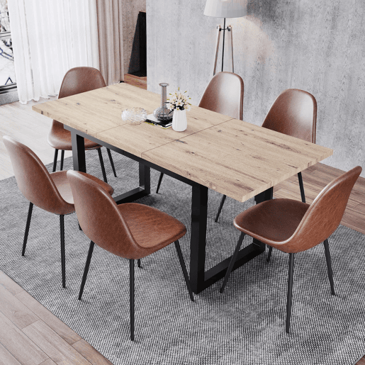 Mesa de jantar extensível 1401808075 - estilo industrial, retangular, mesa de café moderna, ferro, MDF, aparência carvalho + preto