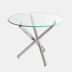 Mesa de jantar redonda 80x80x76 cm - vidro temperado e pés de metal, estilo minimalista moderno - prateada