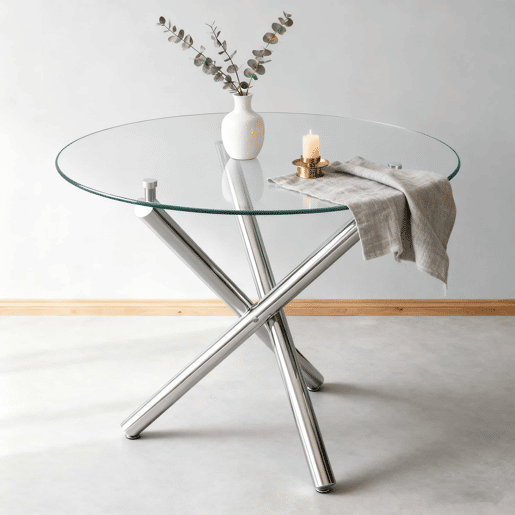 Mesa de jantar redonda 80x80x76 cm - vidro temperado e pés de metal, estilo minimalista moderno - prateada