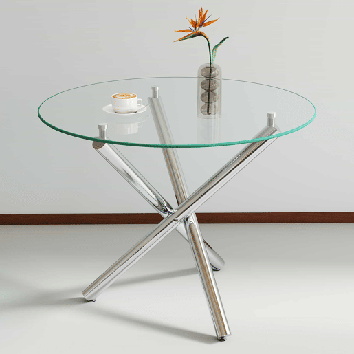 Mesa de jantar redonda 80x80x76 cm - vidro temperado e pés de metal, estilo minimalista moderno - prateada