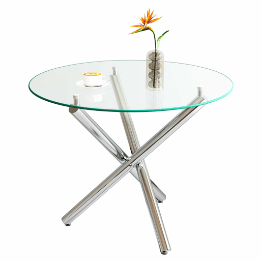 Mesa de jantar redonda 80x80x76 cm - vidro temperado e pés de metal, estilo minimalista moderno - prateada
