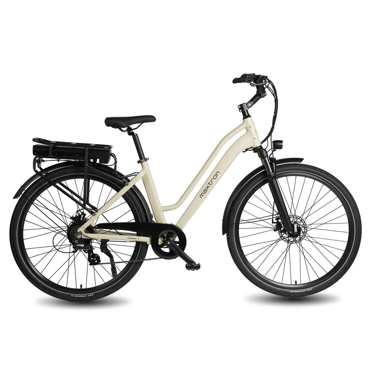 Bicicleta eléctrica maxturn urban7 - motor 250w batería 36v12.8ah 27.5" frenos de disco mecánico - beige