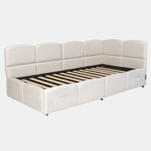 Cama estofada individual para criança 90x190 cm - cama com arrumação, sofá-cama, base de ripas, porta USB, bolso de arrumação, veludo, para jovens e adultos, sem colchão - bege