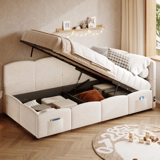 Cama estofada individual para criança 90x190 cm - cama com arrumação, sofá-cama, base de ripas, porta USB, bolso de arrumação, veludo, para jovens e adultos, sem colchão - bege