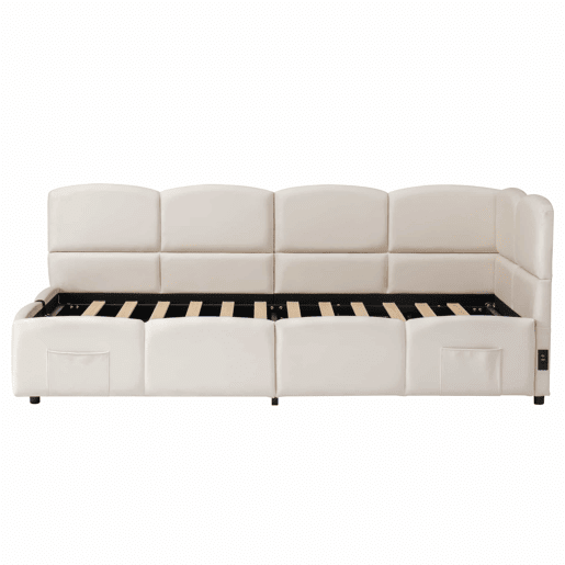 Cama estofada individual para criança 90x190 cm - cama com arrumação, sofá-cama, base de ripas, porta USB, bolso de arrumação, veludo, para jovens e adultos, sem colchão - bege