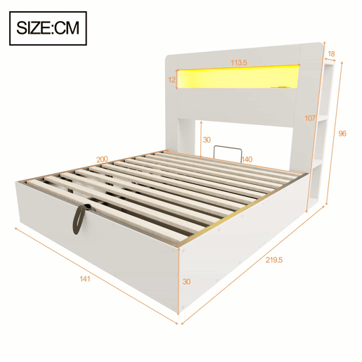Cama de plataforma 140x200 - com arrumação, sistema hidráulico, cabeceira com LED e tomadas integradas - branco Cama de plataforma 140x200 - com arrumação, sistema hidráulico, cabeceira com LED e tomadas integradas - branco