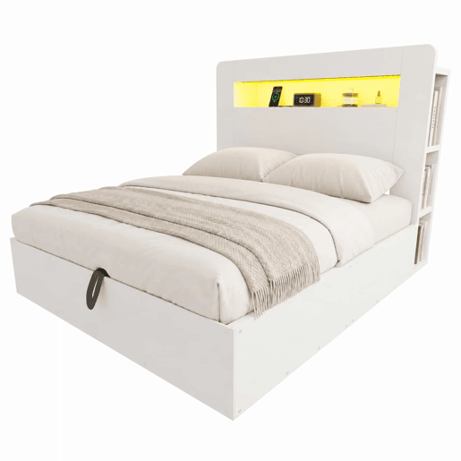 Cama de plataforma 140x200 - com arrumação, sistema hidráulico, cabeceira com LED e tomadas integradas - branco Cama de plataforma 140x200 - com arrumação, sistema hidráulico, cabeceira com LED e tomadas integradas - branco