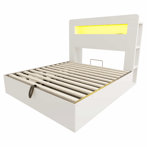 Cama de plataforma 140x200 - com arrumação, sistema hidráulico, cabeceira com LED e tomadas integradas - branco Cama de plataforma 140x200 - com arrumação, sistema hidráulico, cabeceira com LED e tomadas integradas - branco