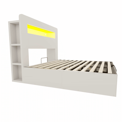 Cama de plataforma 140x200 - com arrumação, sistema hidráulico, cabeceira com LED e tomadas integradas - branco Cama de plataforma 140x200 - com arrumação, sistema hidráulico, cabeceira com LED e tomadas integradas - branco