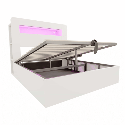 Cama de plataforma 140x200 - com arrumação, sistema hidráulico, cabeceira com LED e tomadas integradas - branco Cama de plataforma 140x200 - com arrumação, sistema hidráulico, cabeceira com LED e tomadas integradas - branco
