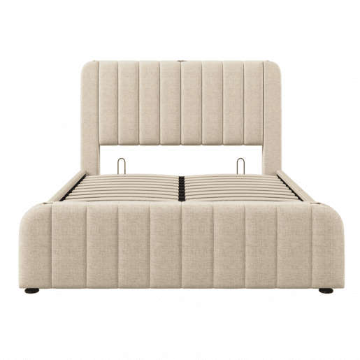 Cama estofada 160x200 cm - cabeceira acolchoada com detalhes dourados e porta USB Tipo C, compartimento de arrumação com sistema hidráulico - Bege