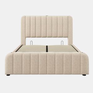 Cama estofada 160x200 cm - cabeceira acolchoada com detalhes dourados e porta USB Tipo C, compartimento de arrumação com sistema hidráulico - Bege
