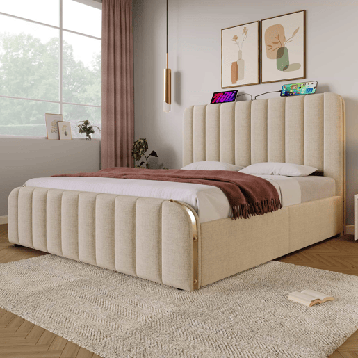 Cama estofada 160x200 cm - cabeceira acolchoada com detalhes dourados e porta USB Tipo C, compartimento de arrumação com sistema hidráulico - Bege