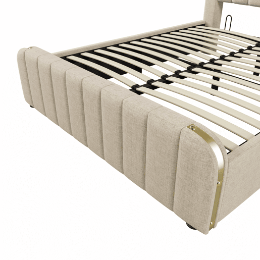 Cama estofada 160x200 cm - cabeceira acolchoada com detalhes dourados e porta USB Tipo C, compartimento de arrumação com sistema hidráulico - Bege