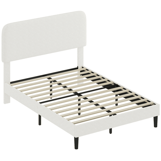 HOMCOM Cama de Casal Estofada em Tecido tipo Borreguito, 135x190 cm, Cama com Cabeceira Ajustável em Altura, Ripas de Madeira, Branco
