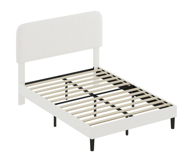 Homcom cama doble tapizada en borreguito, 135x190 cm, cama matrimonio, somie, con cabecero ajustable en altura, listones de madera, blanco