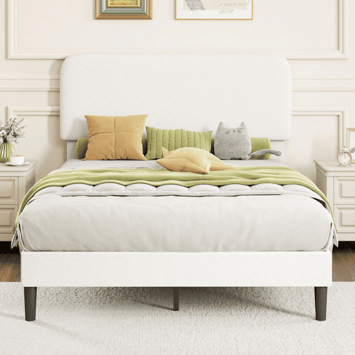 HOMCOM Cama de Casal Estofada em Tecido tipo Borreguito, 135x190 cm, Cama com Cabeceira Ajustável em Altura, Ripas de Madeira, Branco