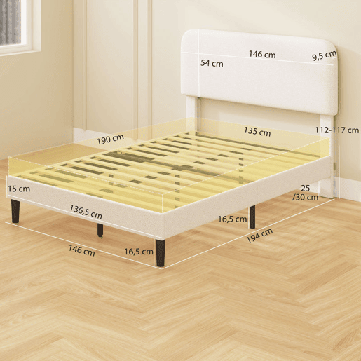 HOMCOM Cama de Casal Estofada em Tecido tipo Borreguito, 135x190 cm, Cama com Cabeceira Ajustável em Altura, Ripas de Madeira, Branco