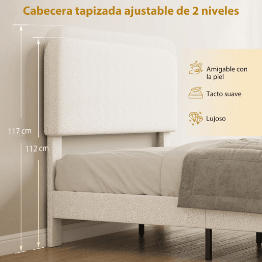 HOMCOM Cama de Casal Estofada em Tecido tipo Borreguito, 135x190 cm, Cama com Cabeceira Ajustável em Altura, Ripas de Madeira, Branco
