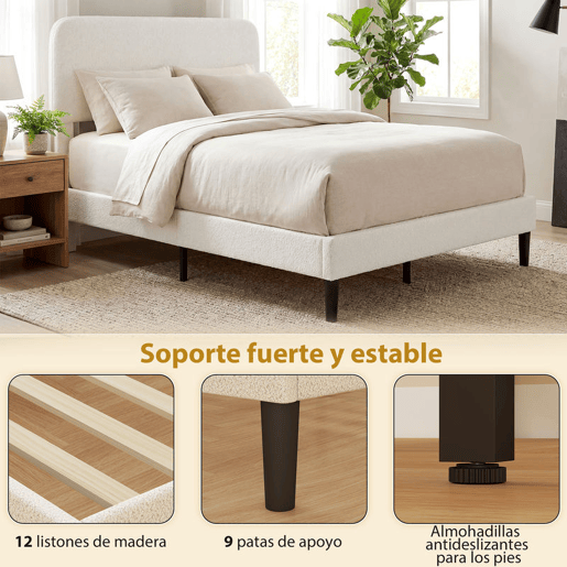 HOMCOM Cama de Casal Estofada em Tecido tipo Borreguito, 135x190 cm, Cama com Cabeceira Ajustável em Altura, Ripas de Madeira, Branco