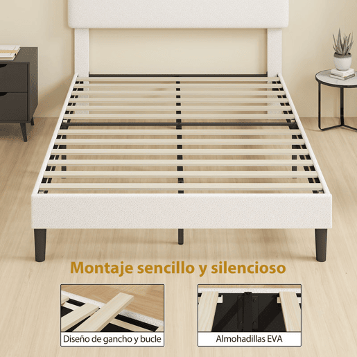 HOMCOM Cama de Casal Estofada em Tecido tipo Borreguito, 135x190 cm, Cama com Cabeceira Ajustável em Altura, Ripas de Madeira, Branco