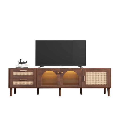 Suporte de TV de 180 cm com iluminação LED - 2 gavetas em rotim e 3 portas - Castanho