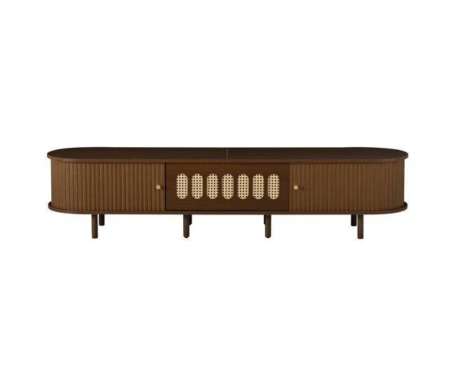 Mueble tv ovalado 180x40x40 cm - ratán, puerta enrollable, mdf - nogal