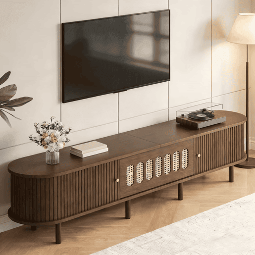 Móvel de TV ovalado 180x40x40 cm - rattan, porta enrolável, MDF - nogueira Móvel de TV ovalado 180x40x40 cm - rattan, porta enrolável, MDF - nogueira